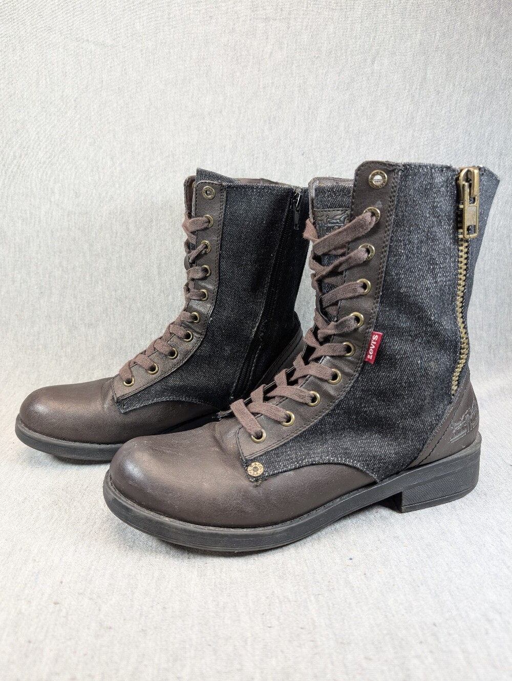 Levi's Denim Faux Leather Lace Up Boots Women's 9 Brown Blue Side Zip Moto